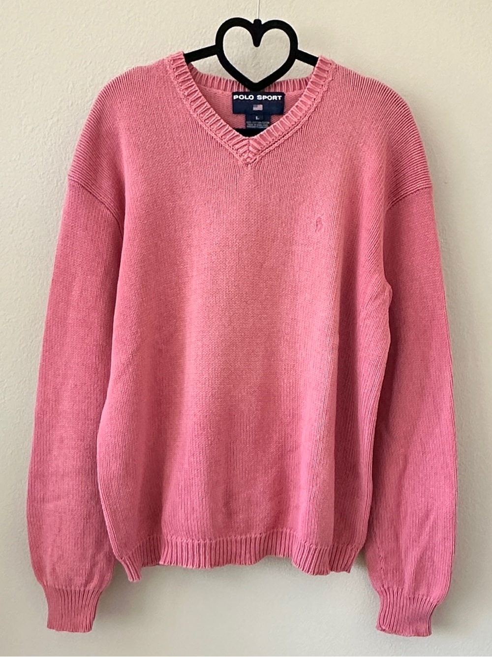 Polo Sport Ralph Lauren 90’s Vintage Pink Knit V-Neck 100% Cotton Sweater Size L